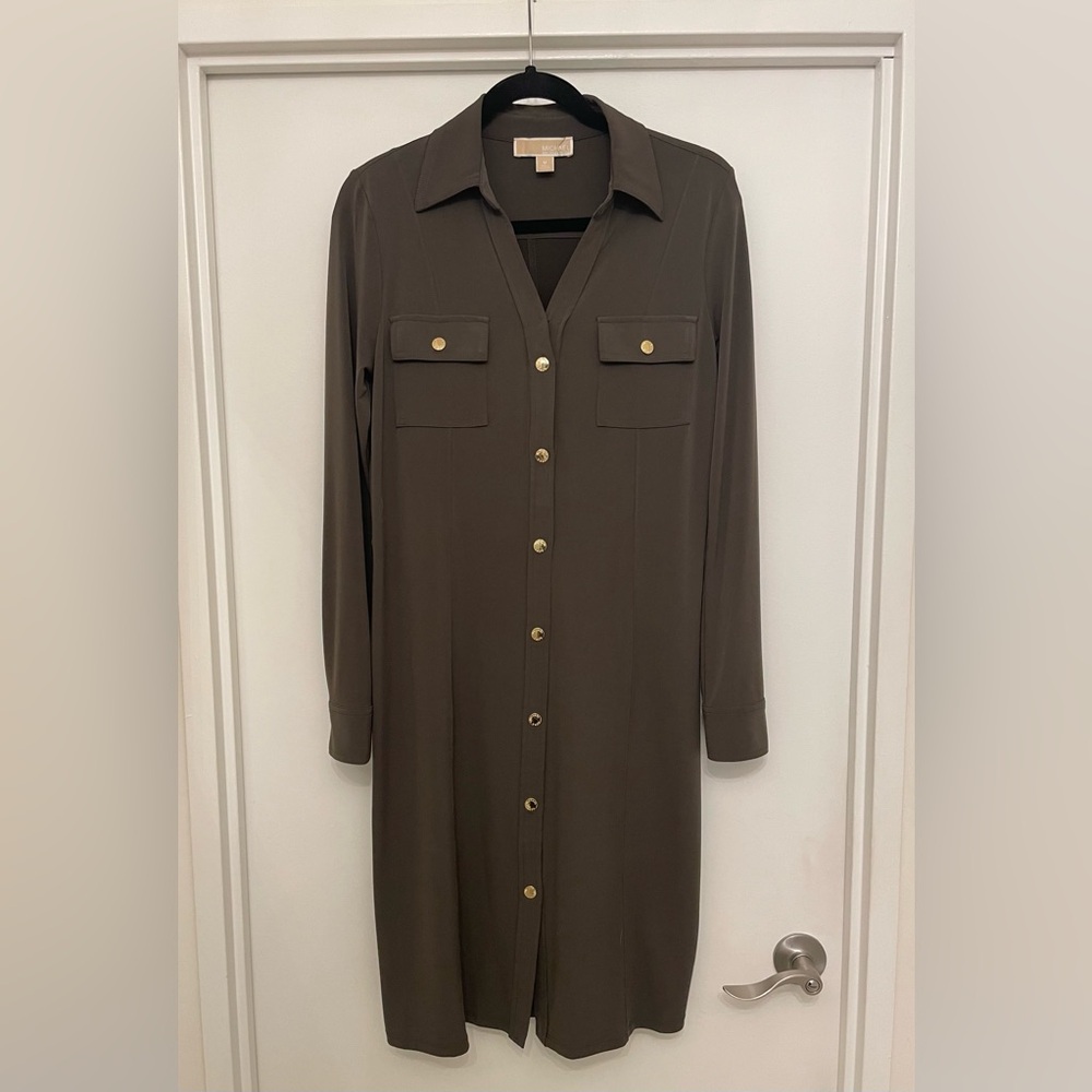 Michael Kors Green Buttoned Long Sleeve Shirt Dress